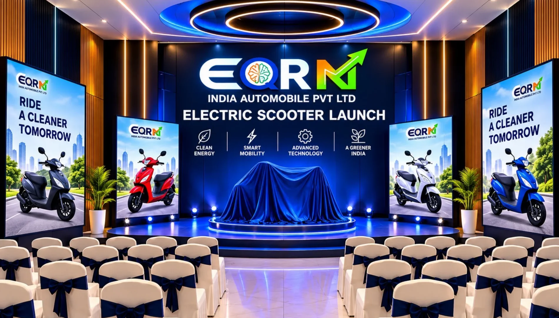 EQRN electric scooter launch stage with the EQRN brand pillars